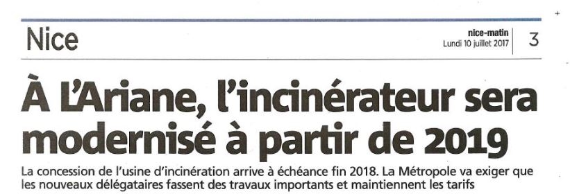 A L’Ariane, l’incinérateur sera modernisé à partir de 2019 – Nice-Matin du Lundi 10 Juillet 2017